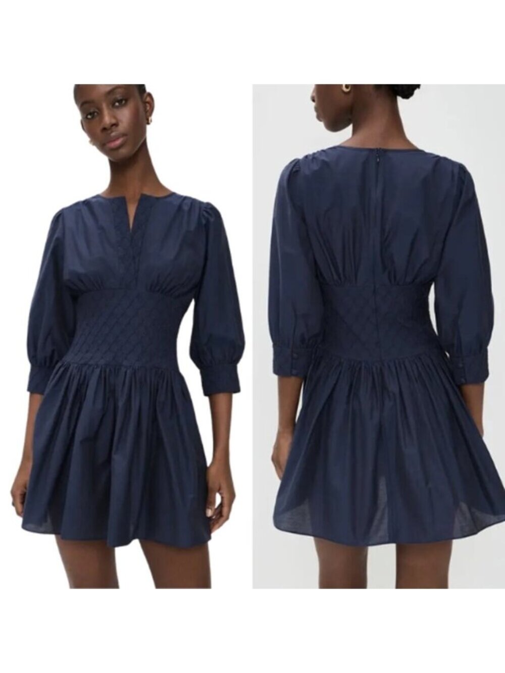 NEW Hunter Bell Siri Diamond Smocked Waist Split Neck Mini Dress Blue Size: 8